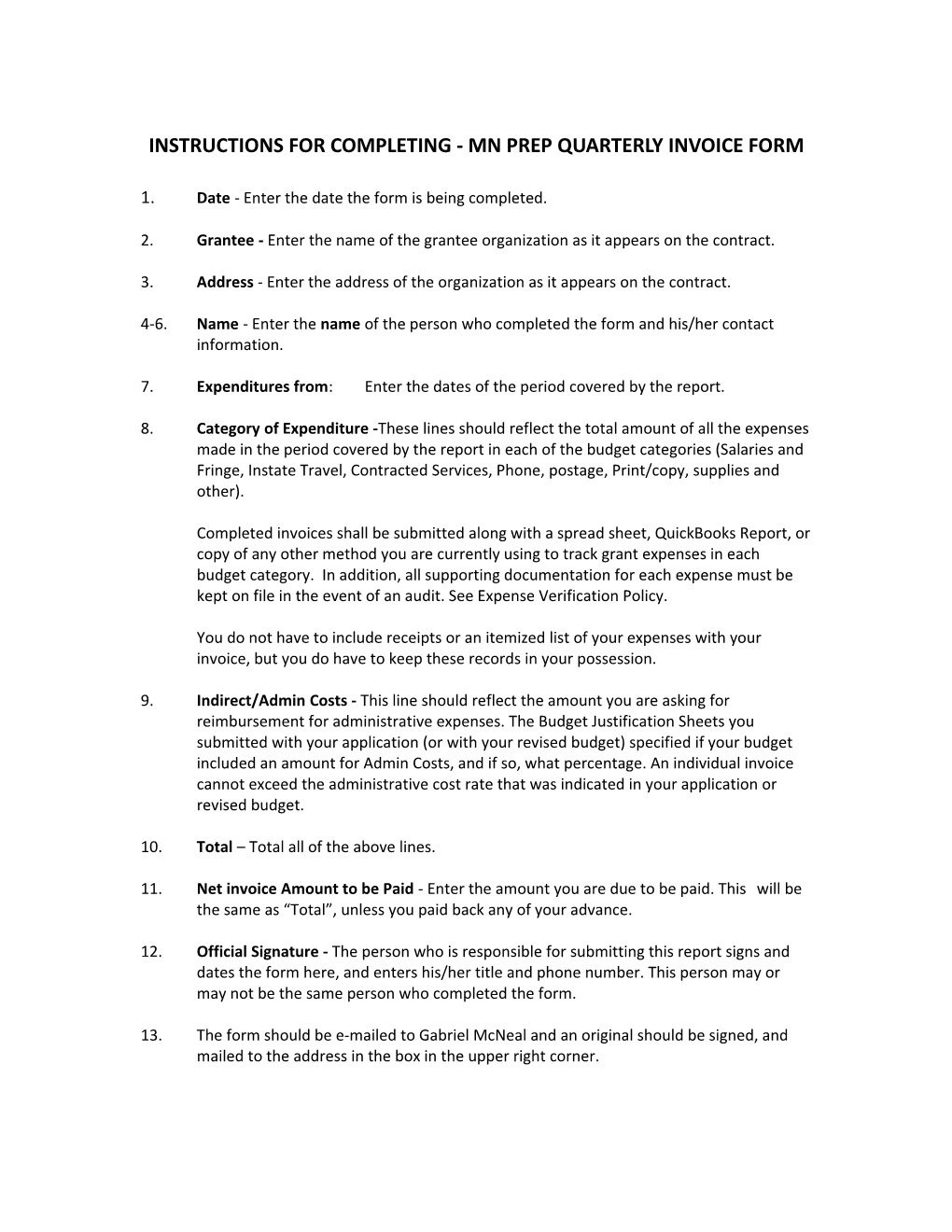 Instructions for PREP Quarterly Invoice Form