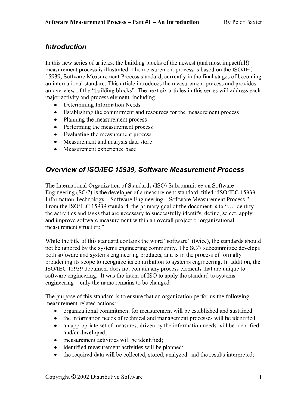 Software Measurement Process Part #1 an Introduction by Peter Baxter