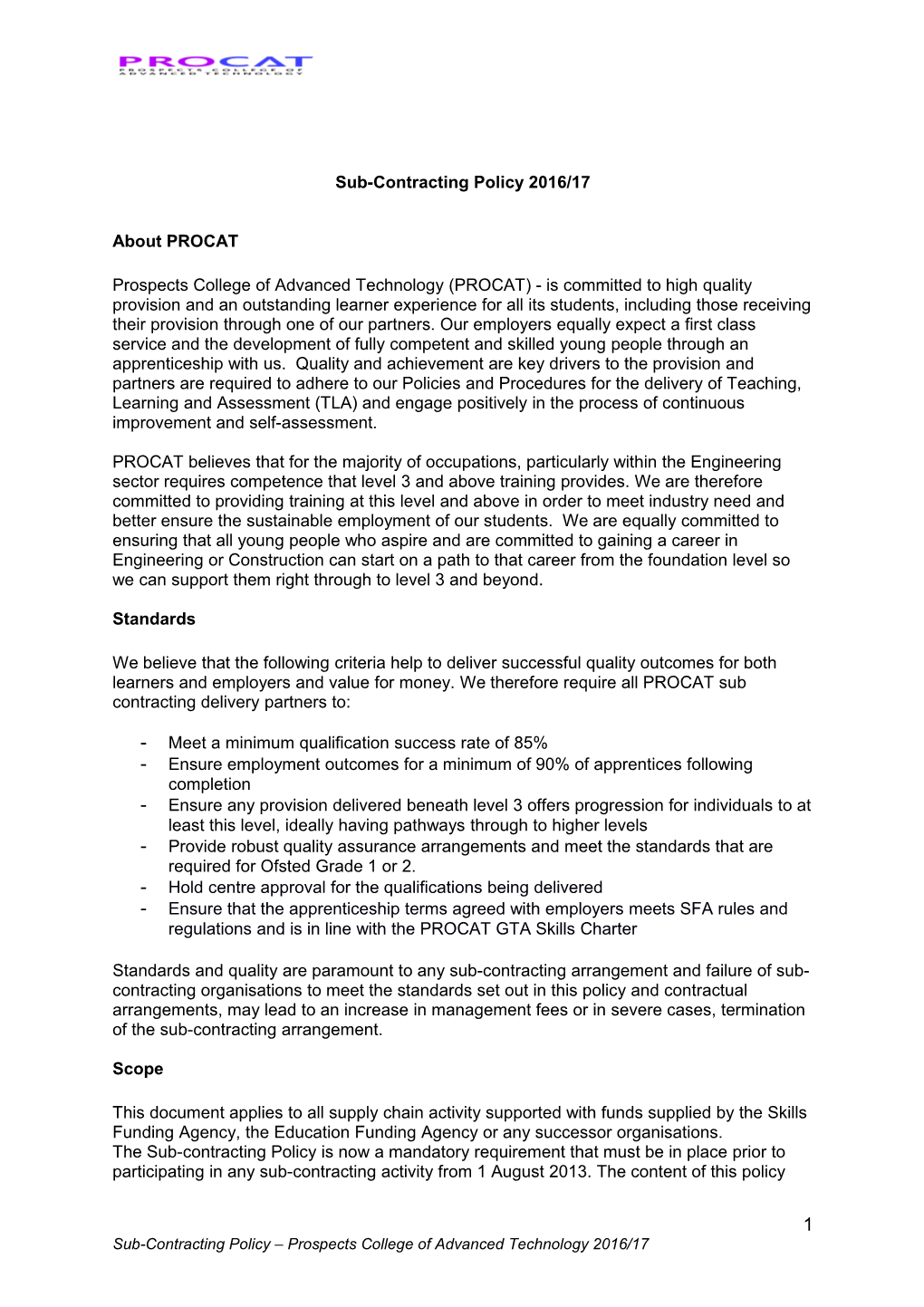 Sub-Contracting Policy 2016/17