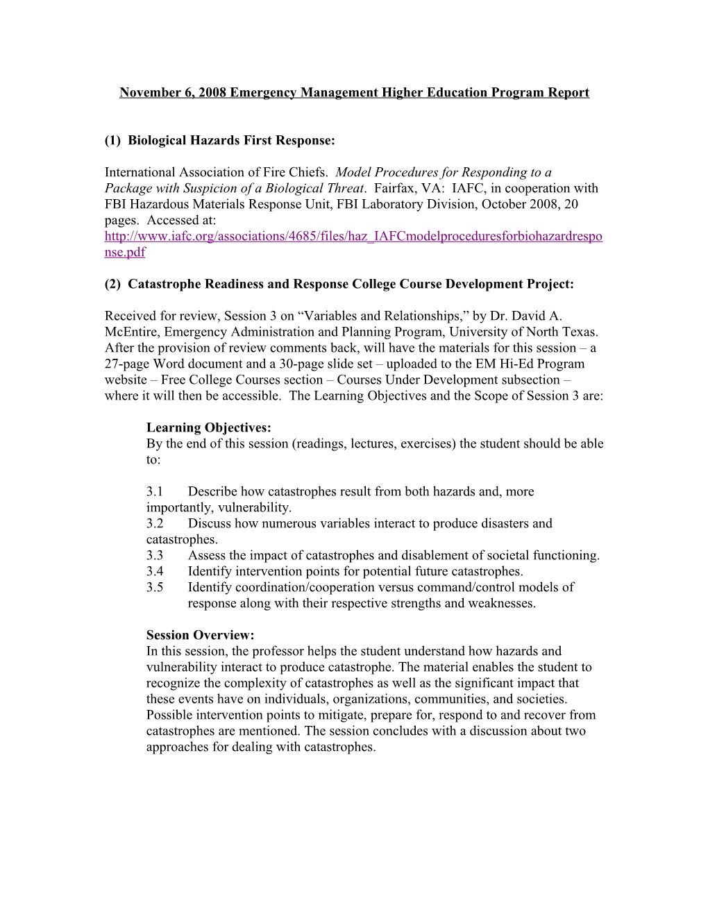 November 6, 2008 Emergency Management Higher Education Program Report