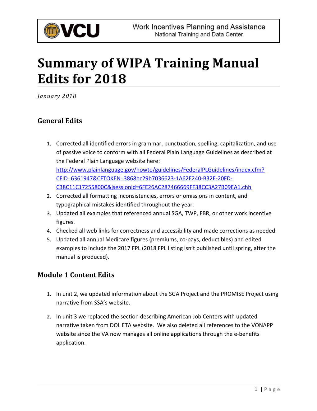 Summary of WIPA Training Manual Edits for 2018