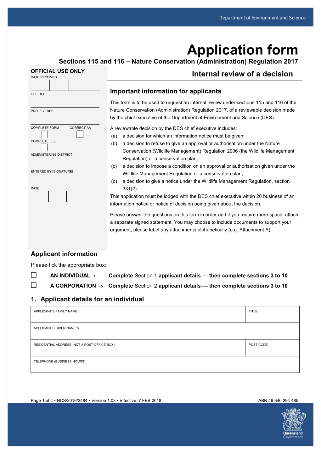 Application Form for an Internal Review