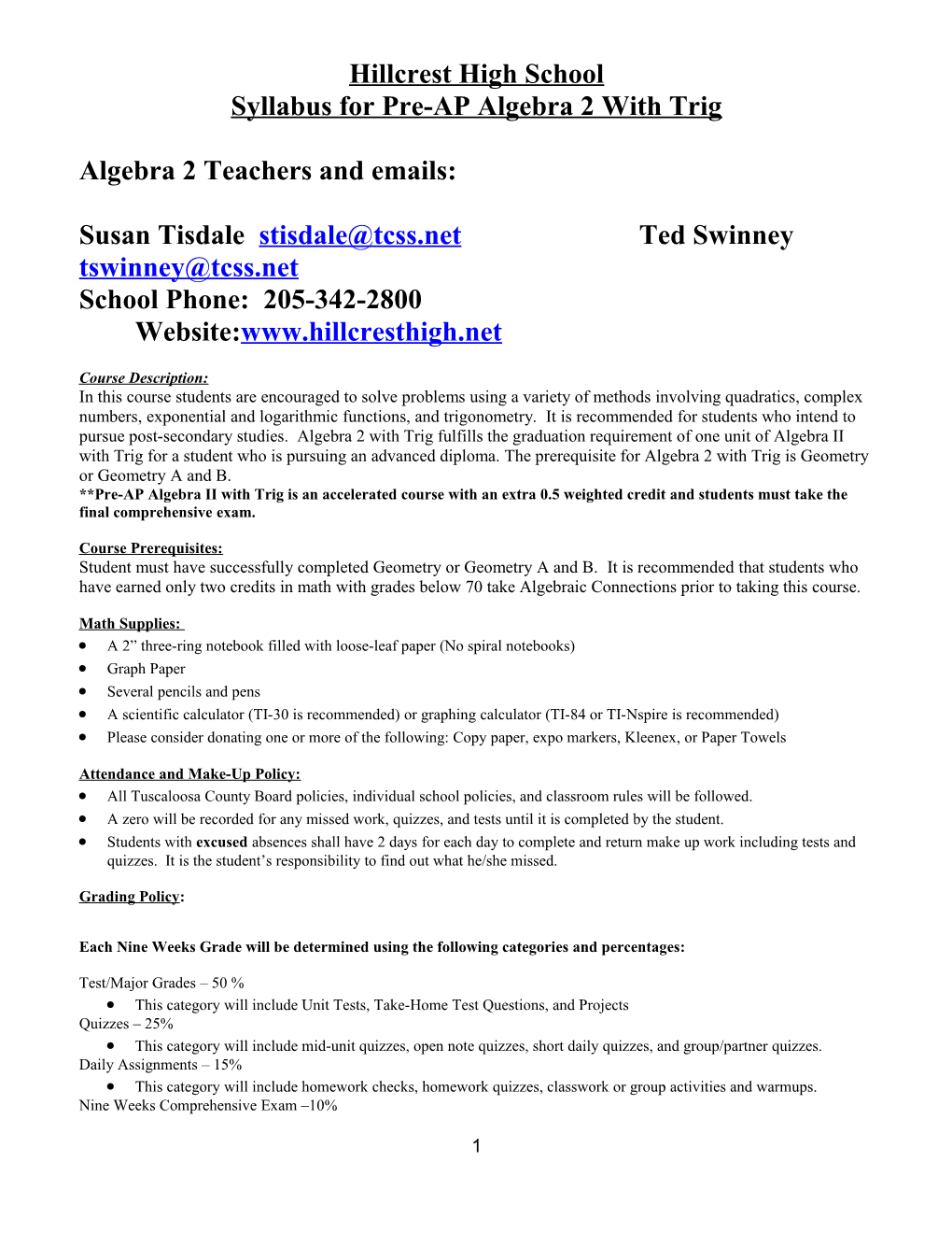 Syllabus for Pre-AP Algebra 2 with Trig