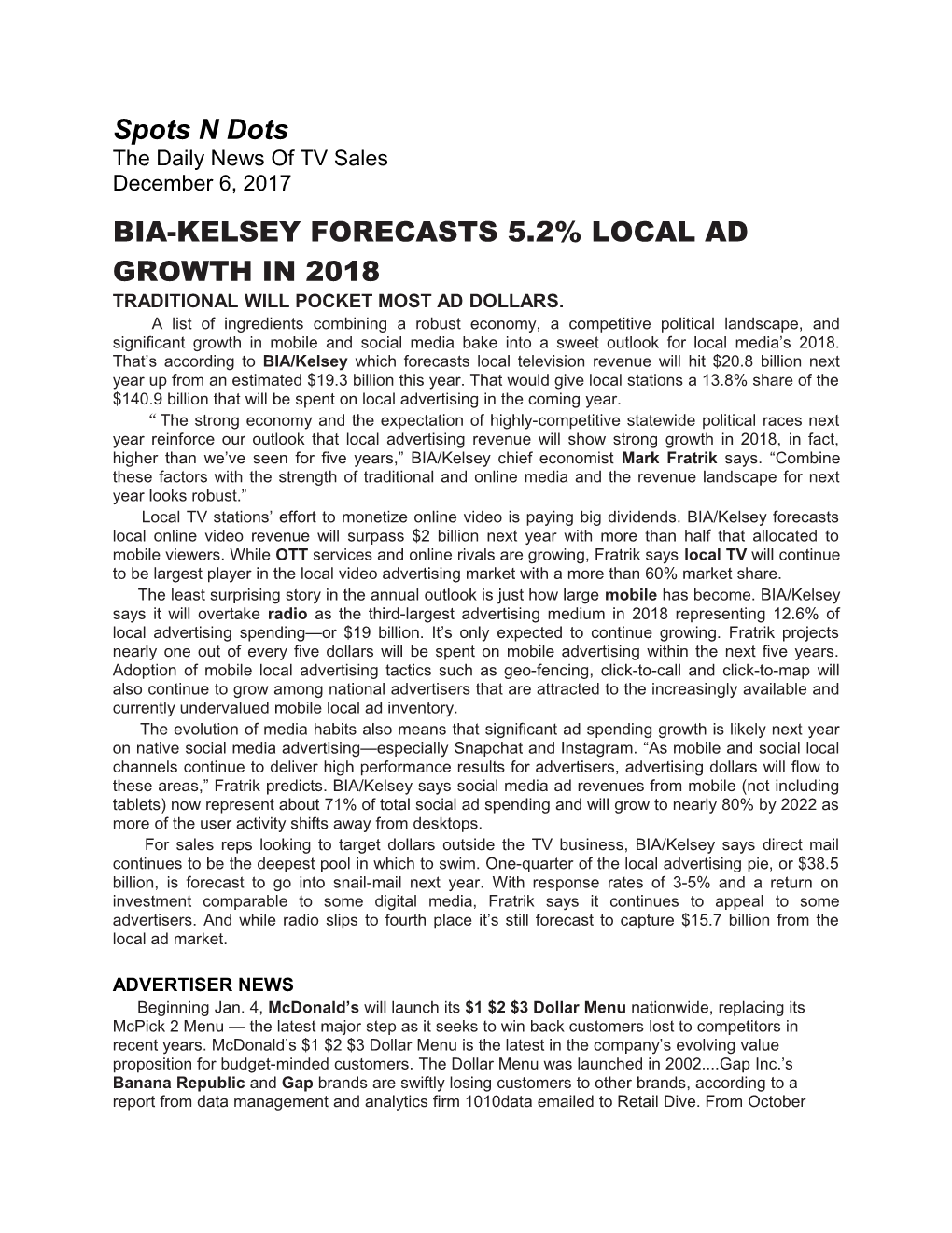 Bia-Kelsey Forecasts 5.2% Local Ad Growth in 2018