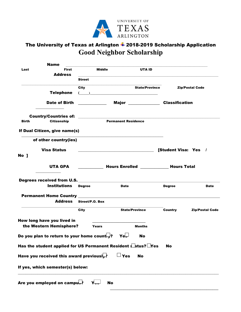 Good Neighbor Scholarship Application Page