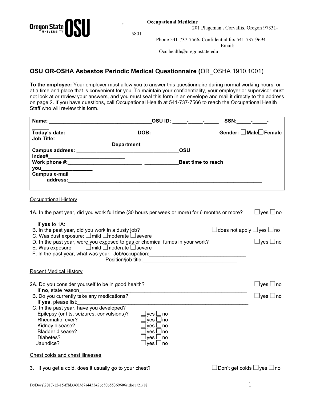 OSU OR-OSHA Asbestos Periodic Medical Questionnaire (OR OSHA 1910