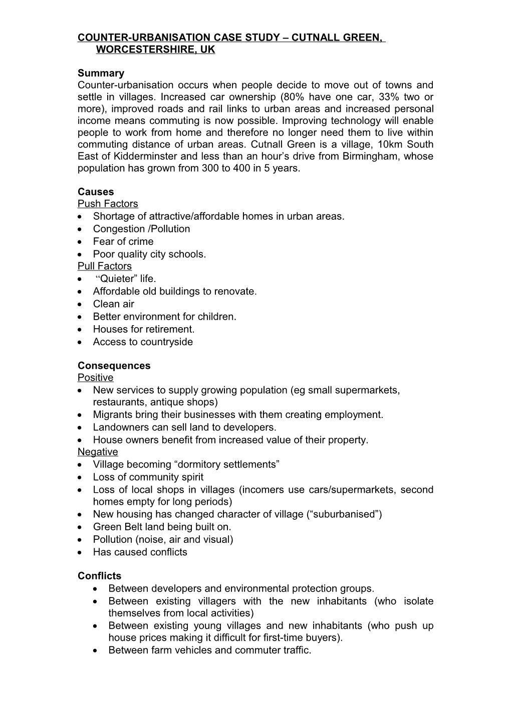 Counter-Urbanisation Case Study Cutnall Green, Worcestershire, Uk