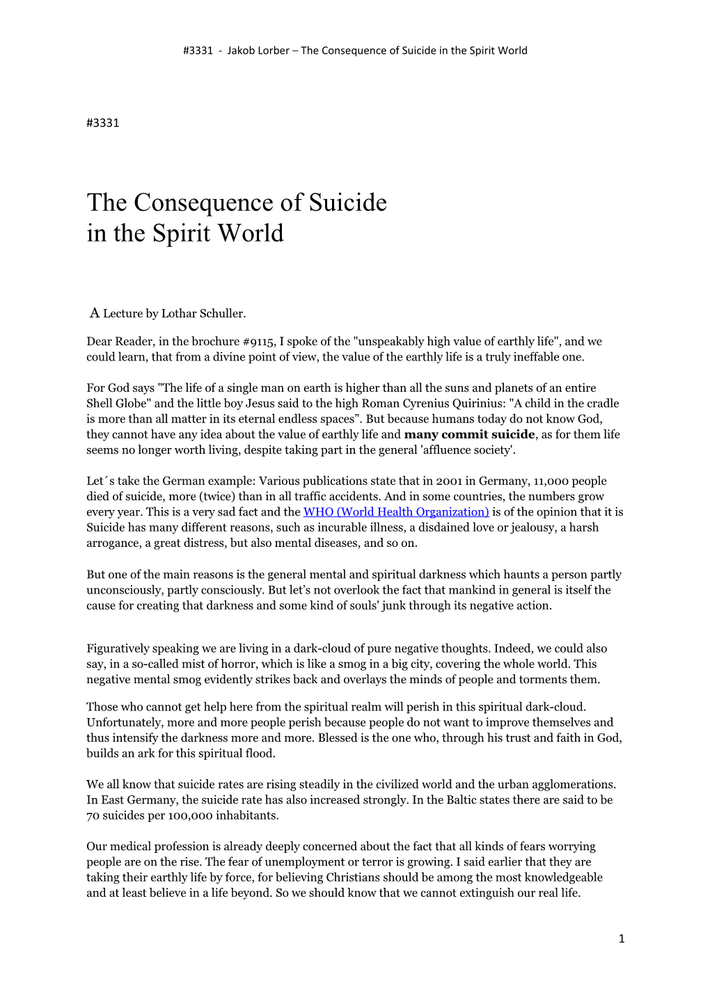 3331 - Jakob Lorber the Consequence of Suicide in the Spirit World