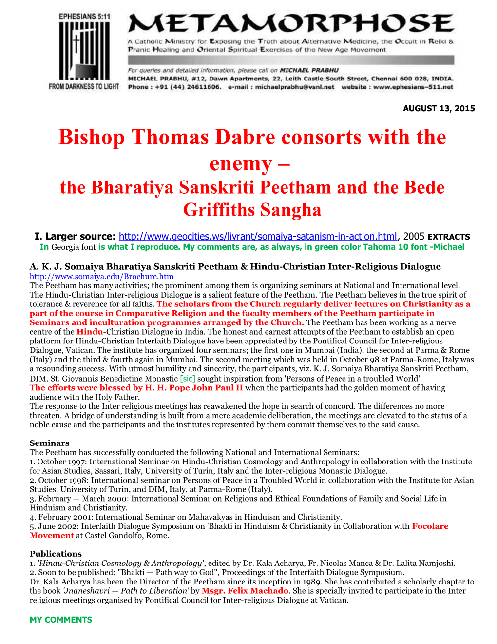 Bishop Thomas Dabre Consorts with the Enemy