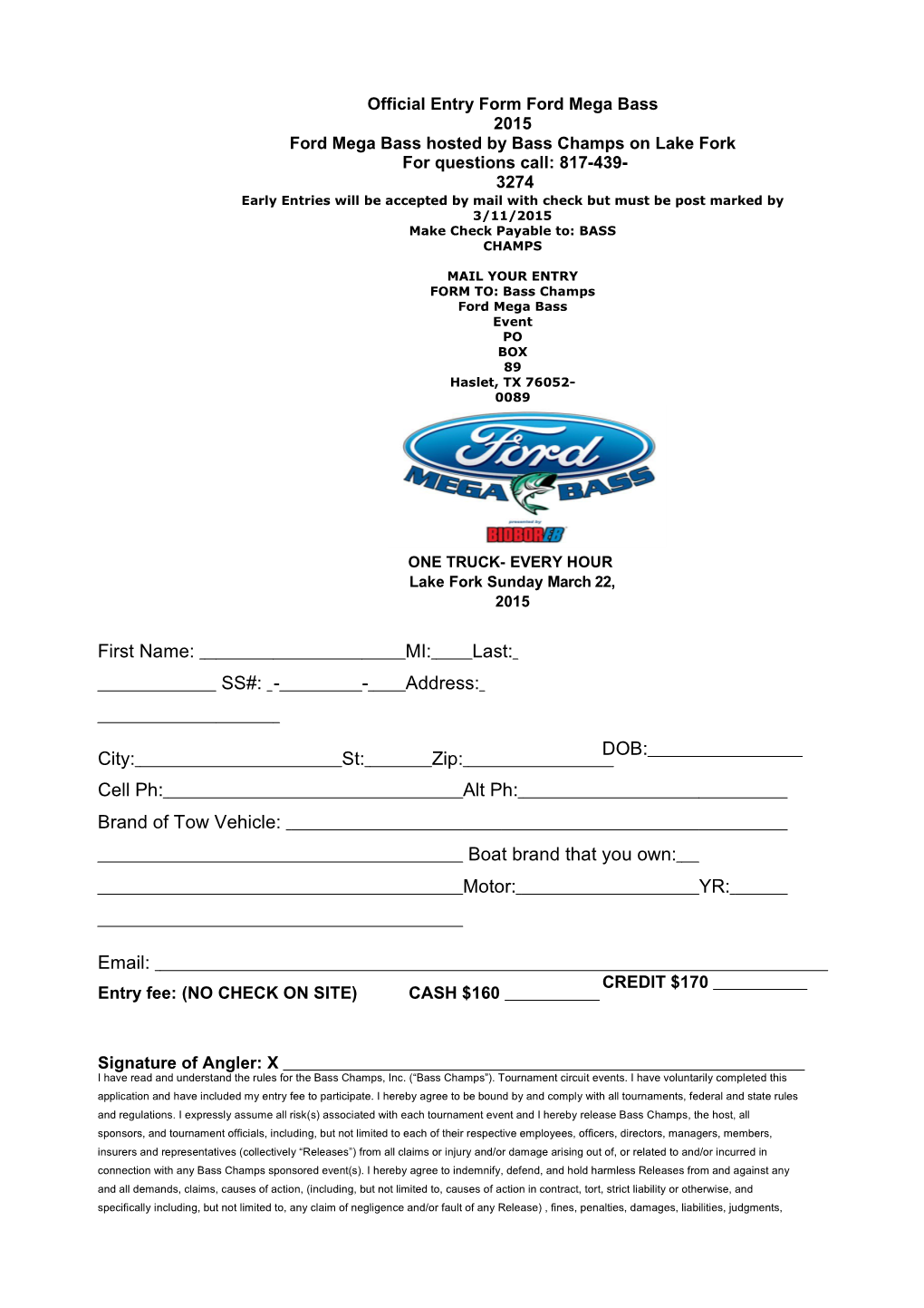Official Entry Form – Dodge Mega Bass Hosted By Bass Champs On Lake Sam Rayburn