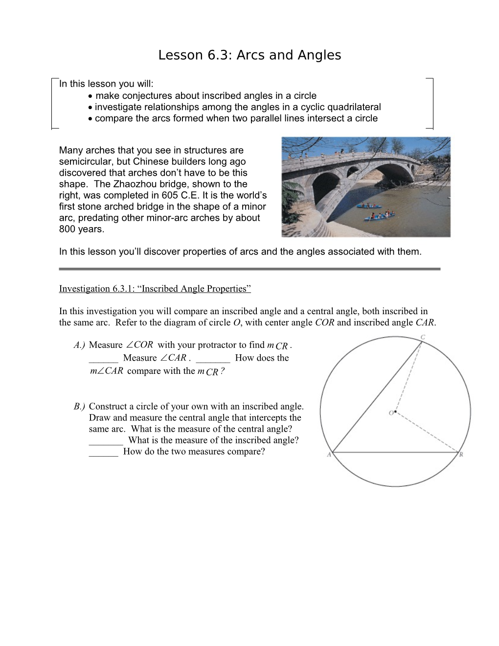 Lesson 6.3: Arcs and Angles