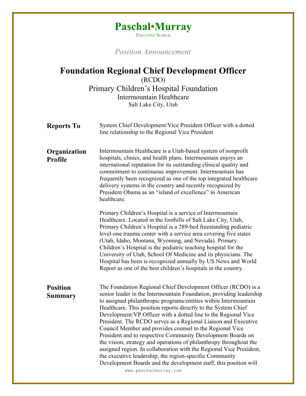 Regional Chief Development Officer-Primary Children S Hospital