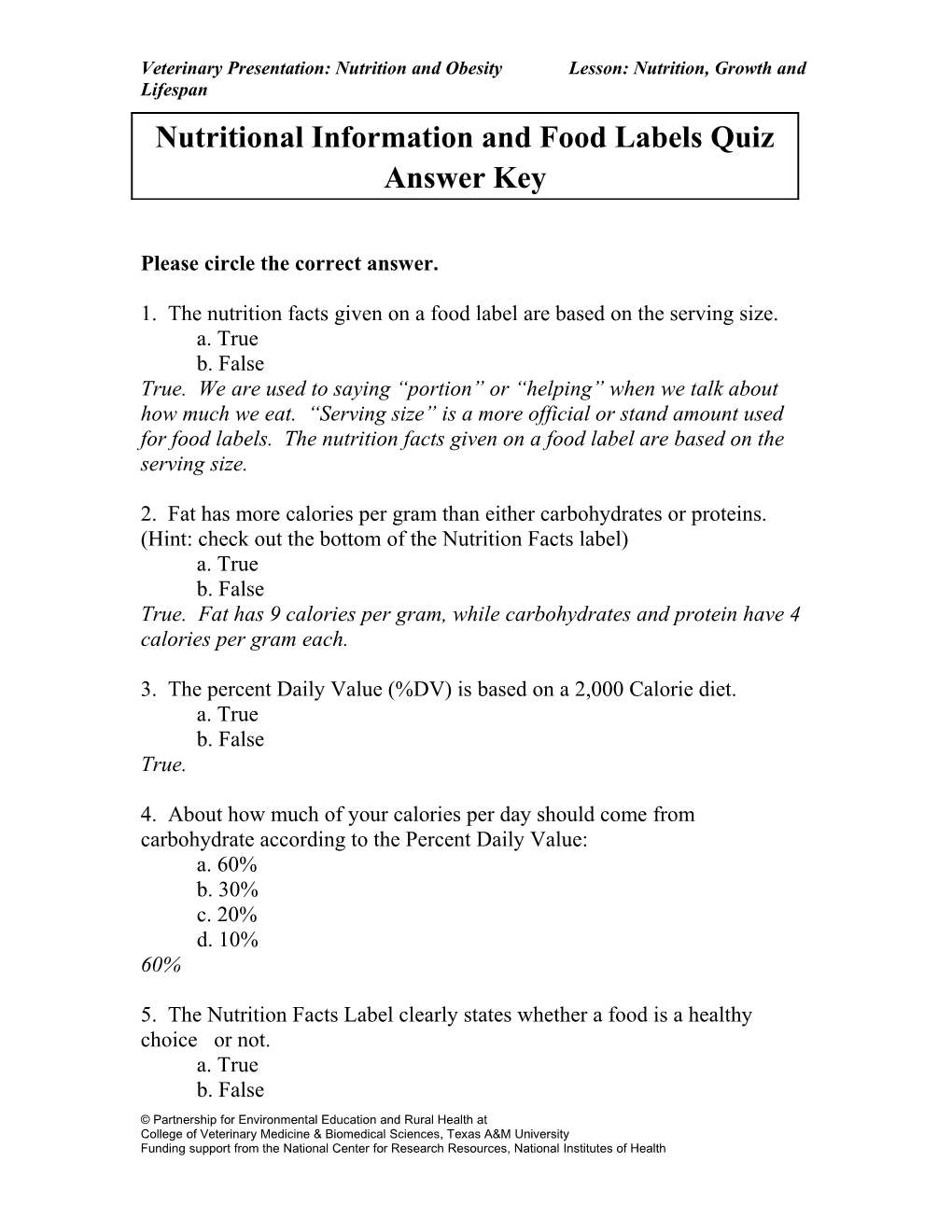 Veterinary Presentation: Nutrition and Obesity Lesson: Nutrition, Growth and Lifespan s1