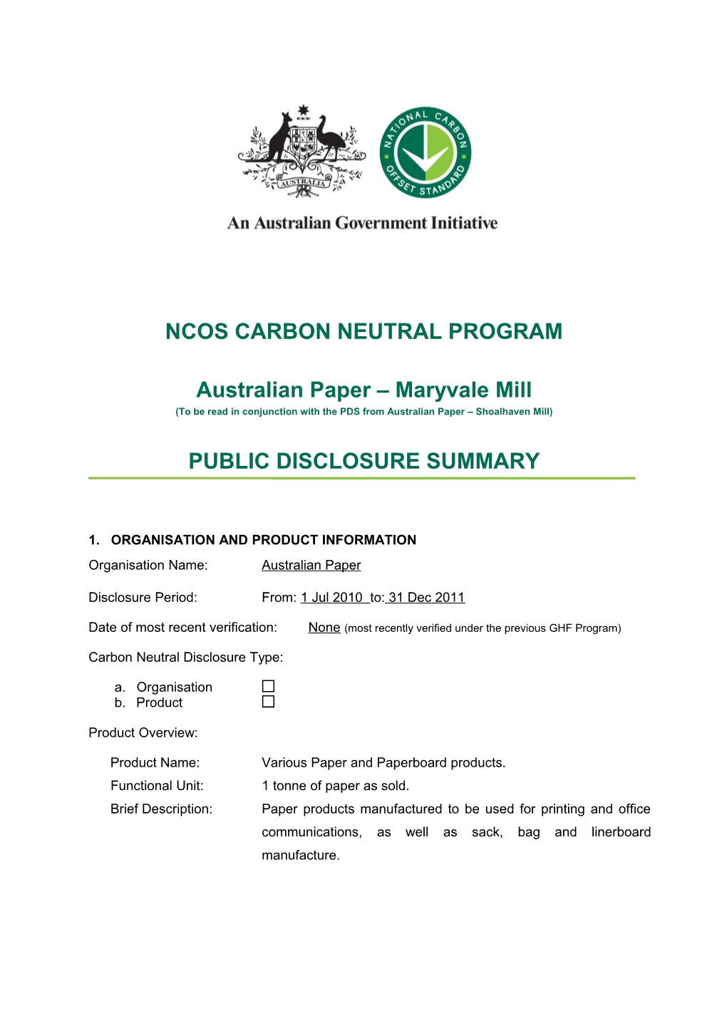 Australian Paper - Maryvale Mill - NCOS Carbon Neutral Program - Public Disclosure Summary