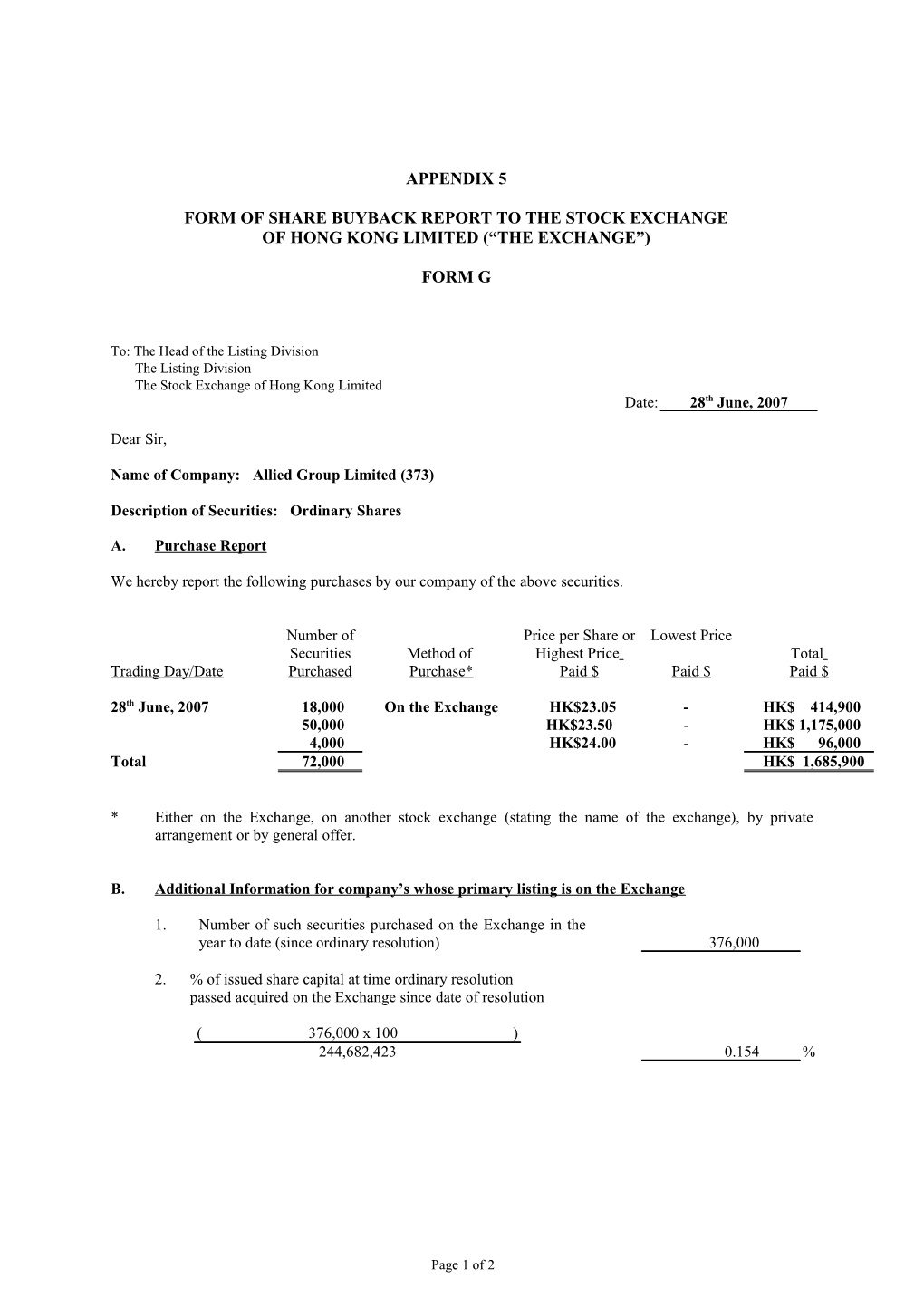 Appendix 5 FORM of SHARE BUYBACK REPORT to the STOCK EXCHANGE FORM G