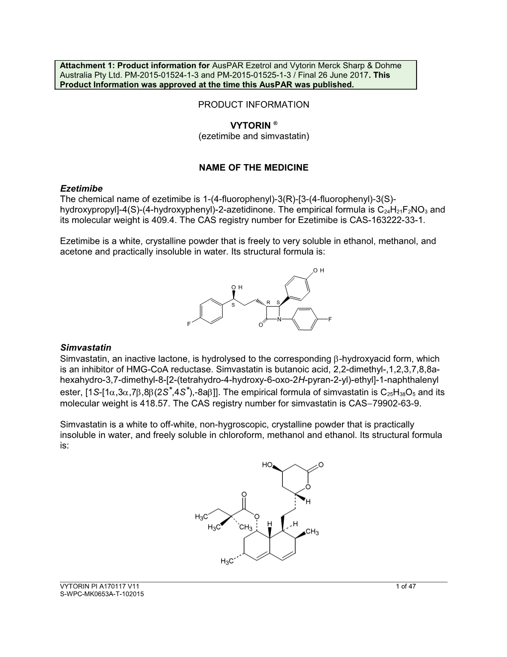 Auspar Attachment 1: Product Information for Vytorin