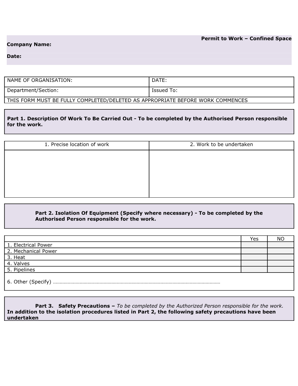 Permit to Work Confined Space