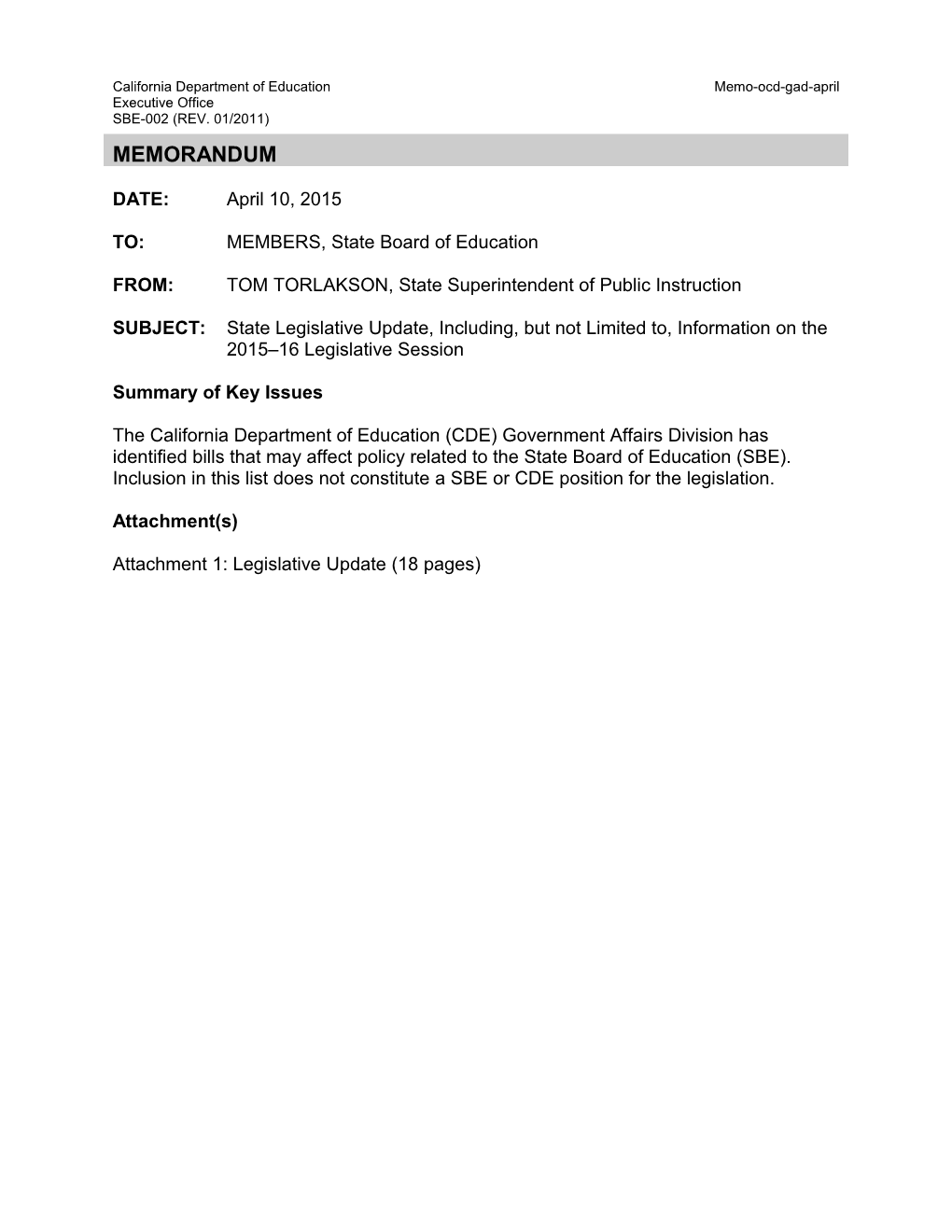 April 2015 OCD GAD Item 01 - Information Memorandum (CA State Board of Education)