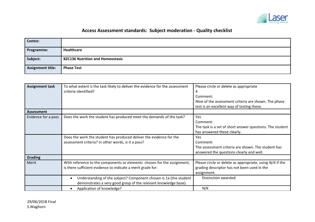 Access Assessment Standards: Subject Moderation - Quality Checklist