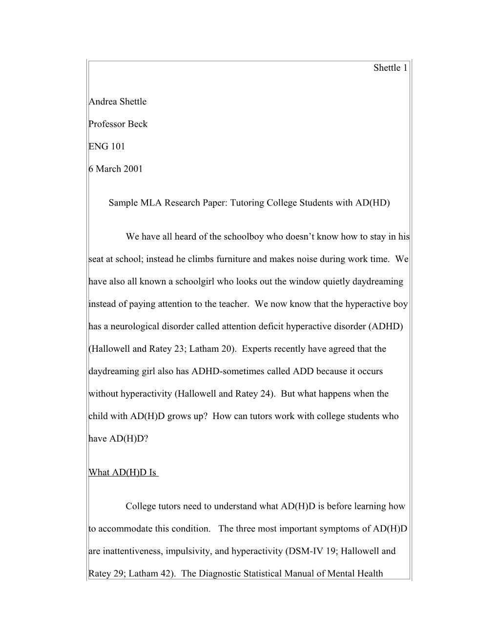Sample MLA Research Paper: Tutoring College Students with AD(HD)