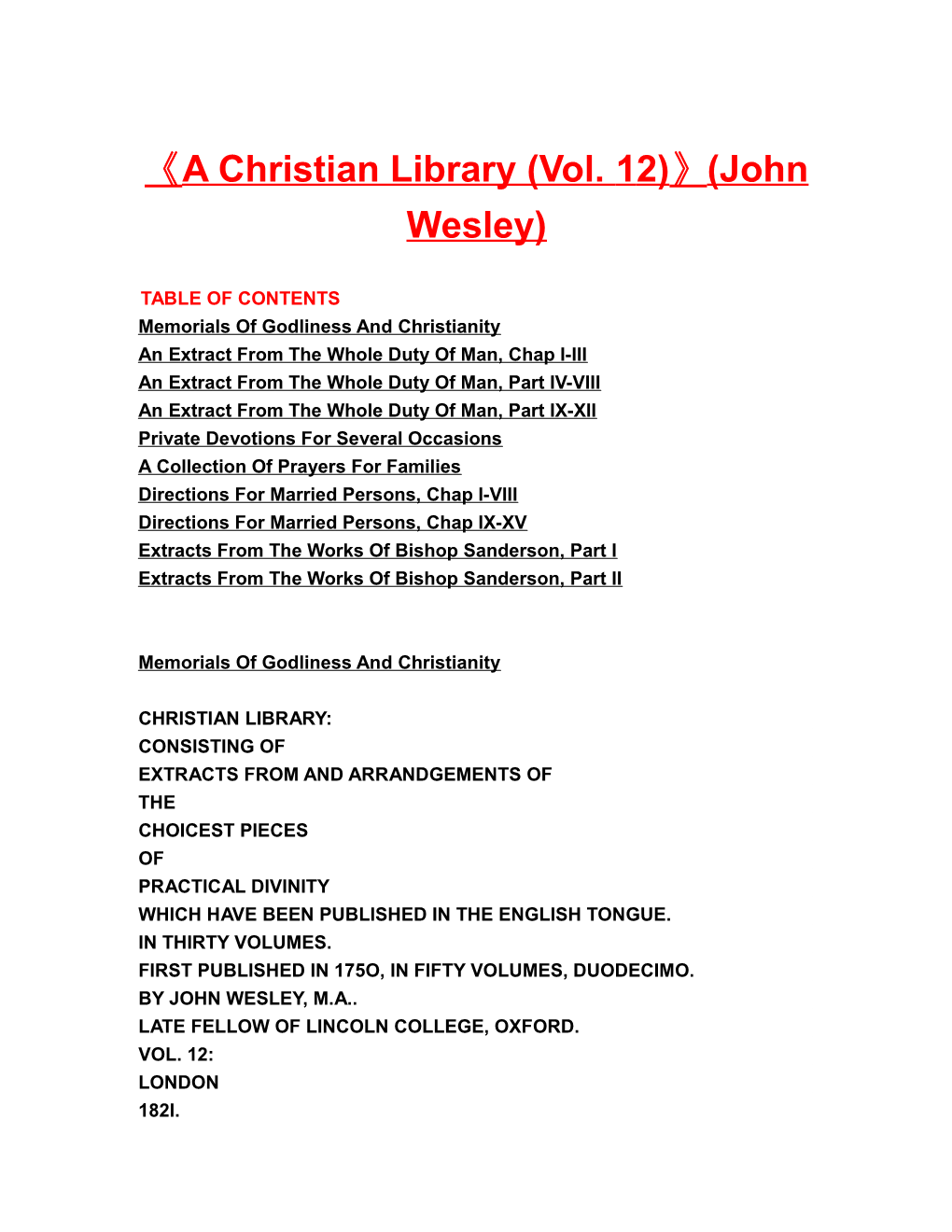 A Christian Library (Vol. 12) (John Wesley)