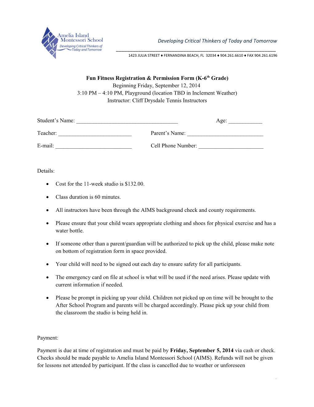 Fun Fitness Registration & Permission Form (K-6Th Grade)