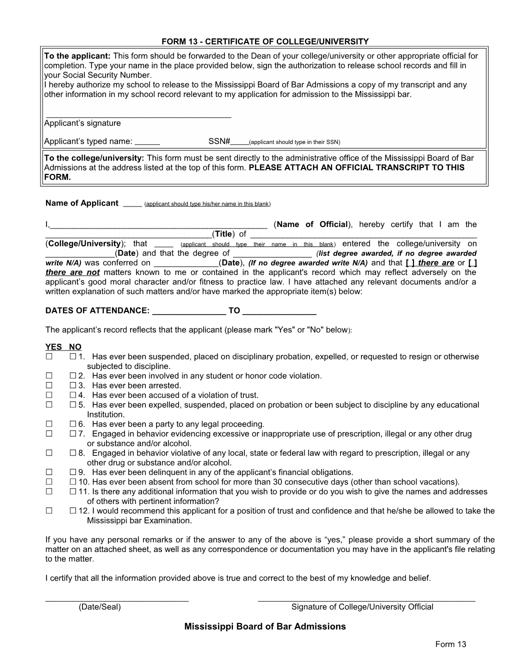 Form 13 - Certificate of College/University