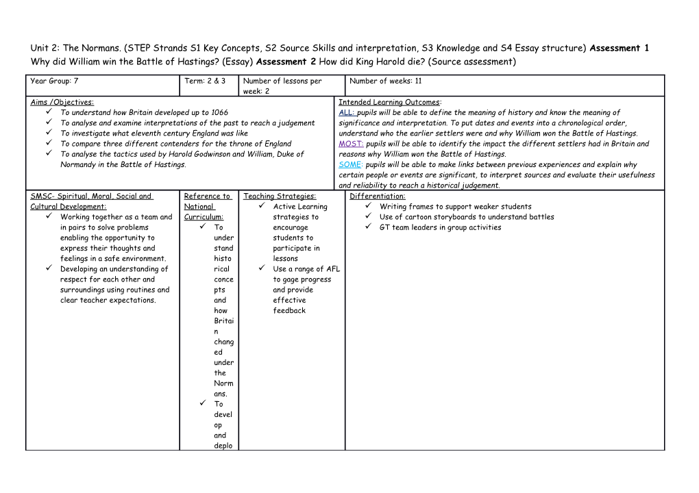 Unit 2: the Normans. (STEP Strands S1 Key Concepts, S2 Source Skills and Interpretation