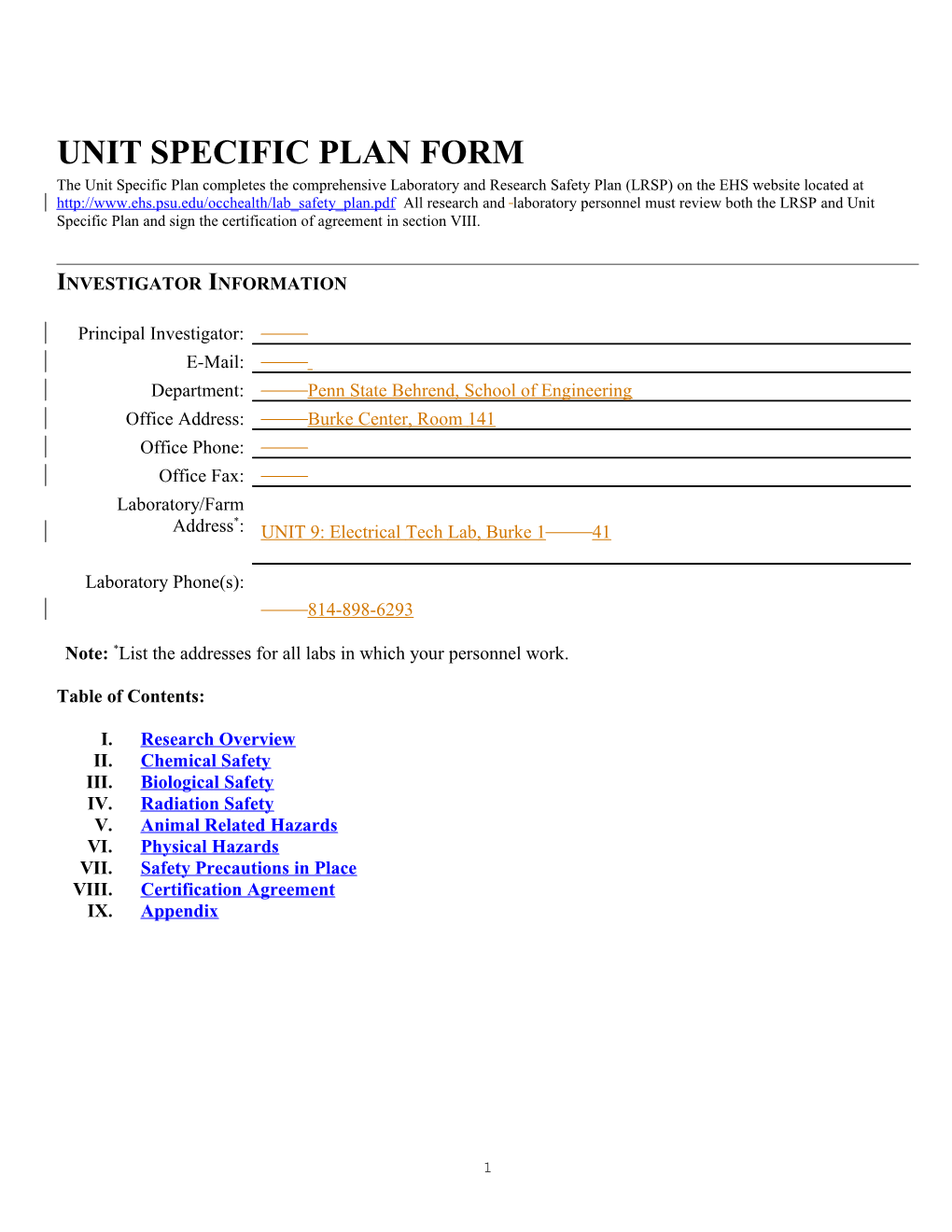 Unit Specific Plan Form